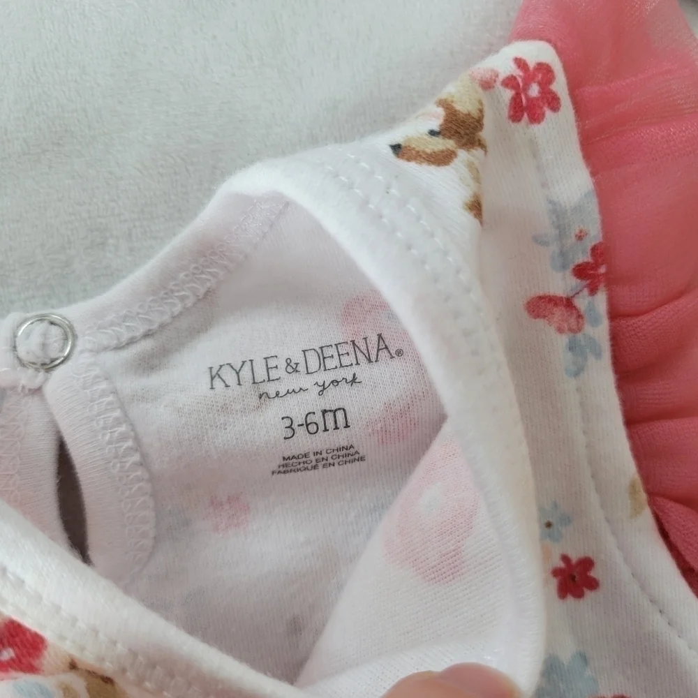 Kyle & Deena bunny print white,pink & Blue ruffle onesie/romper w/ headband 3-6m